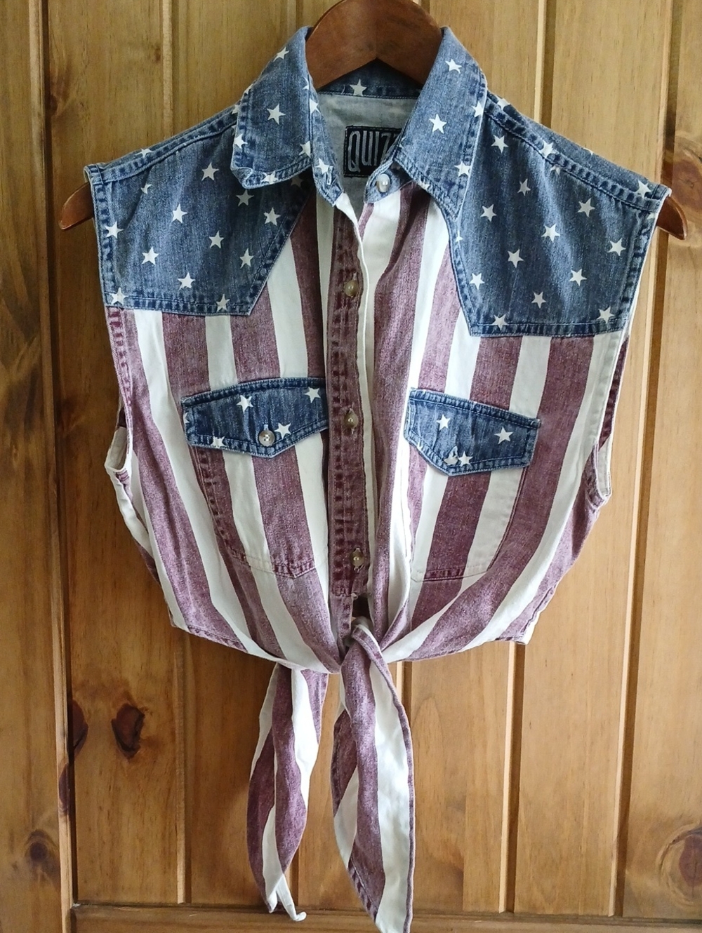 Vintage Quizz Denim Crop American Flag Tie Waist Shirt - Medium
